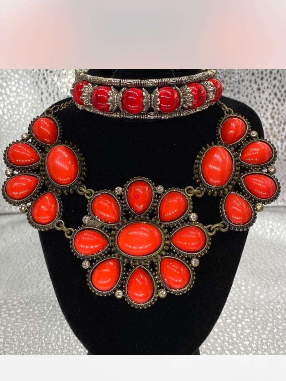 *** Bold  “ Coral Red Statement Necklace / Bracelet collection *^*